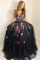 A-Line V-Neck Black Tulle Long Prom Dress with Appliques