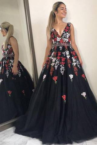 A-Line V-Neck Black Tulle Long Prom Dress with Appliques