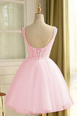 Cute Pink A-Line Beaded Flowers Short Homecoming Dress