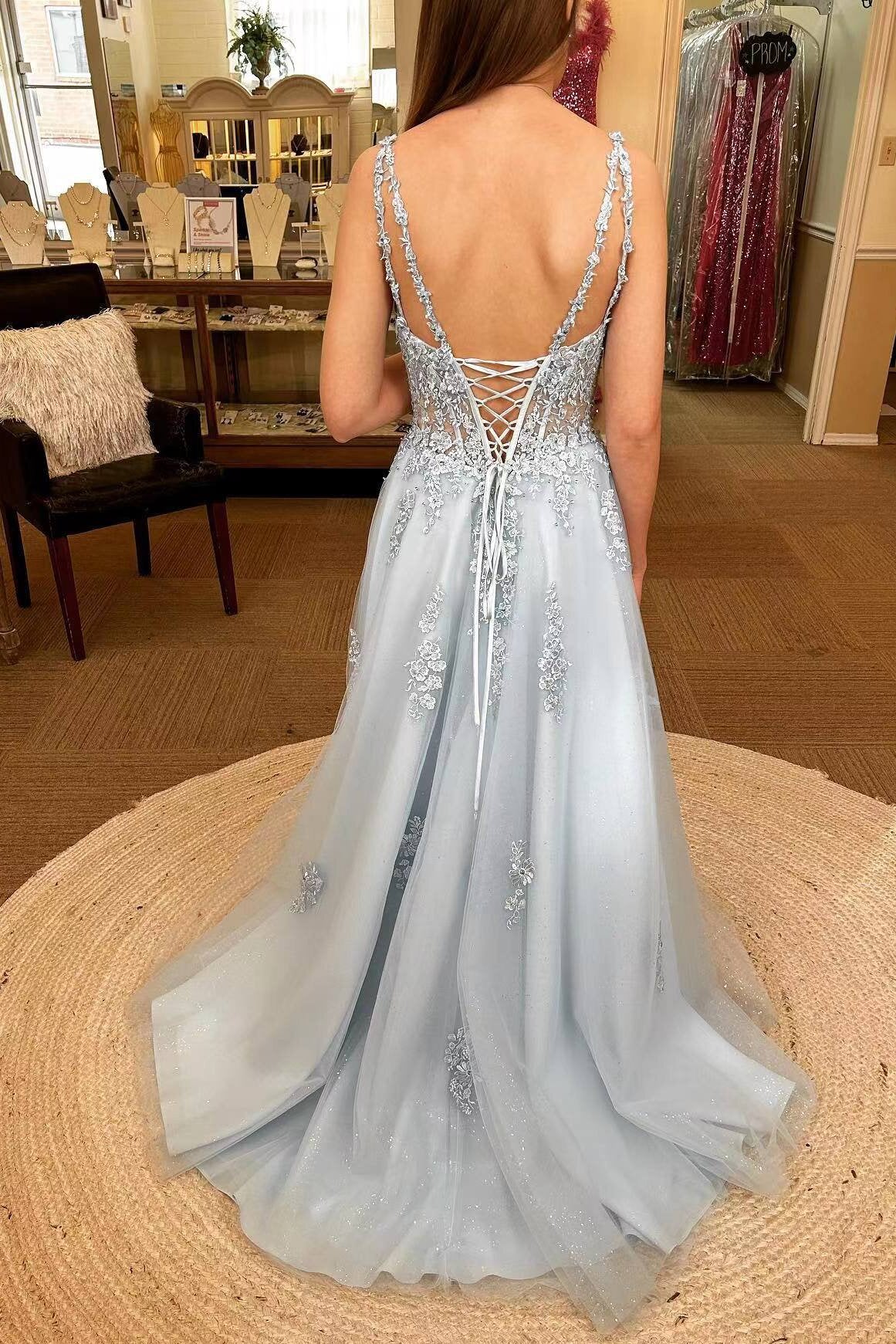 A-Line Pink Lace Applique Prom Dress with Shiny Slit