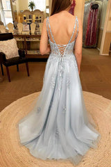 A-Line Pink Lace Applique Prom Dress with Shiny Slit
