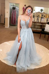 A-Line Pink Lace Applique Prom Dress with Shiny Slit