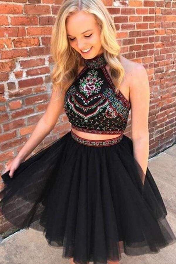 A-Line Halter White Tulle Two-Piece Homecoming Dress with Embroidery
