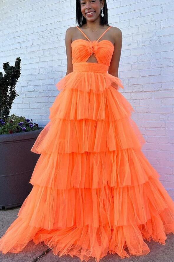 A-Line Orange Flower Keyhole Tiered Tulle Prom Dress