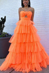 A-Line Orange Flower Keyhole Tiered Tulle Prom Dress