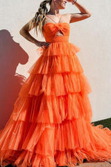 A-Line Orange Flower Keyhole Tiered Tulle Prom Dress
