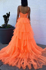 A-Line Orange Flower Keyhole Tiered Tulle Prom Dress