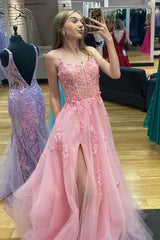 A-Line Pink Lace Applique Prom Dress with Shiny Slit