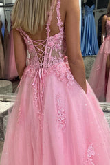 A-Line Pink Lace Applique Prom Dress with Shiny Slit