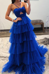 A-Line Orange Flower Keyhole Tiered Tulle Prom Dress
