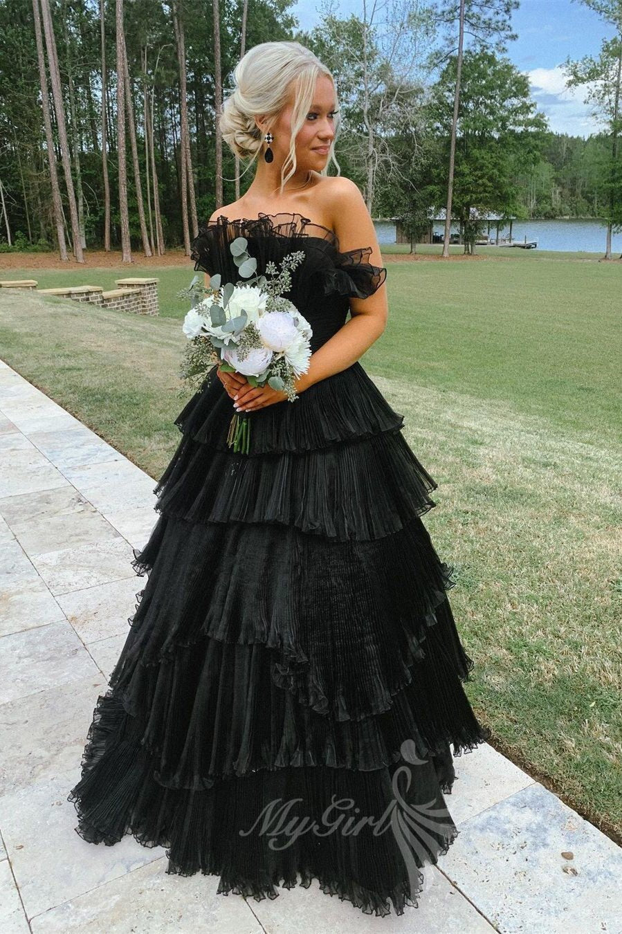 A-Line Ruffles Black Tulle Long Prom Dresses, Layered Formal Gown
