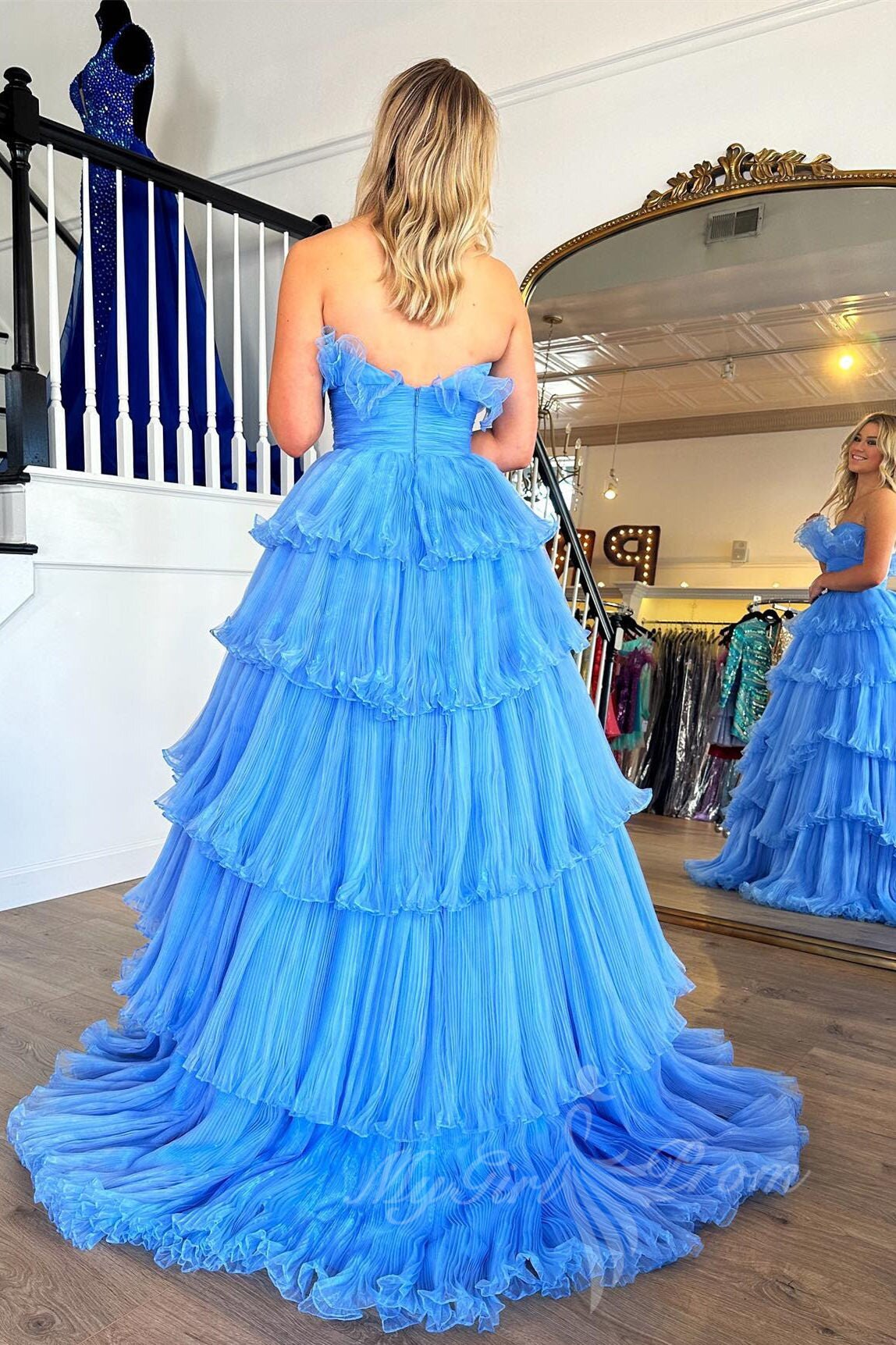 A-Line Ruffles Black Tulle Long Prom Dresses, Layered Formal Gown