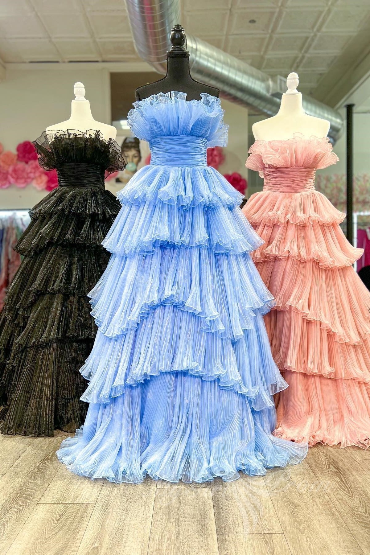 A-Line Ruffles Black Tulle Long Prom Dresses, Layered Formal Gown