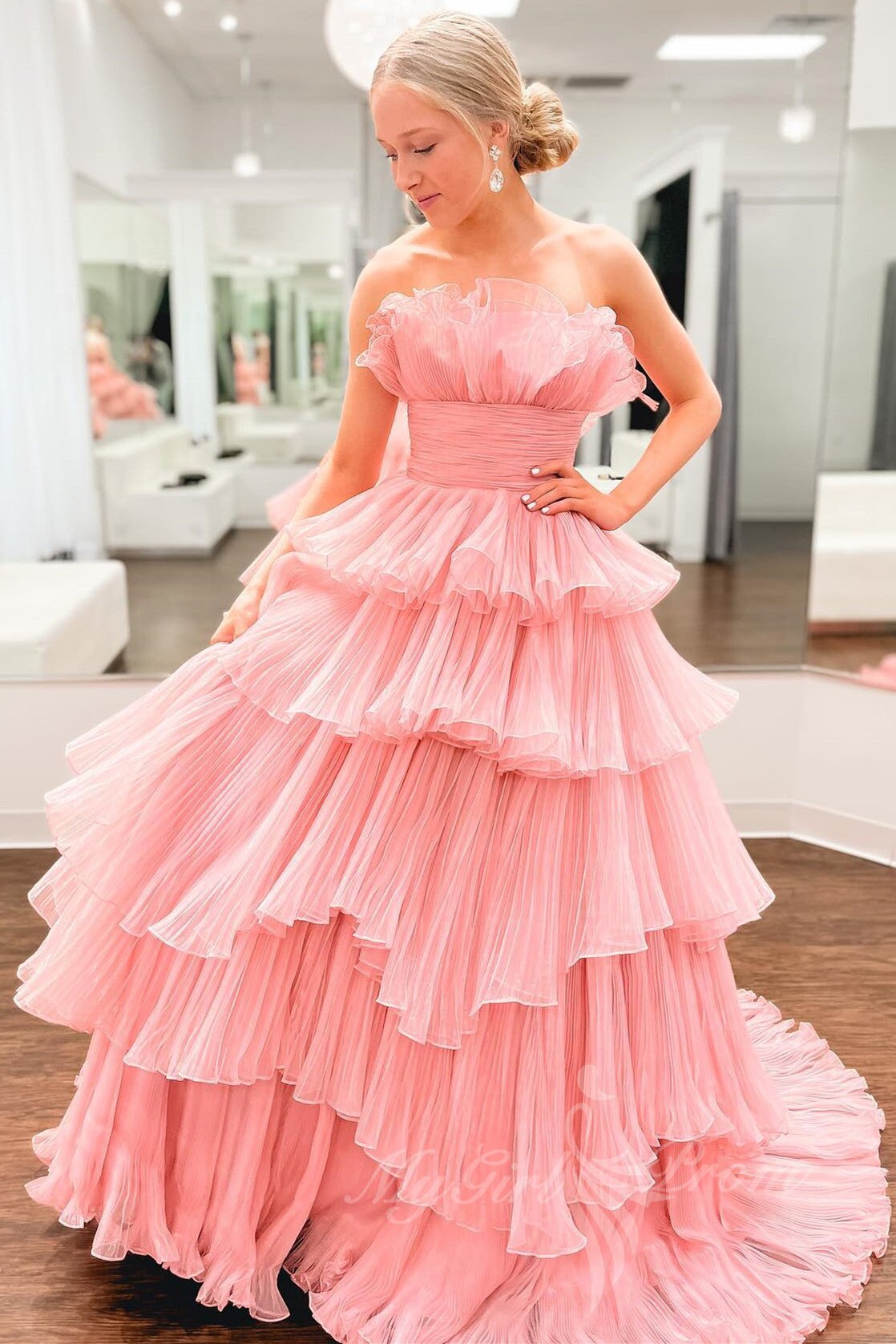 A-Line Ruffles Black Tulle Long Prom Dresses, Layered Formal Gown