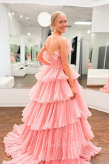 A-Line Ruffles Black Tulle Long Prom Dresses, Layered Formal Gown