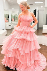 A-Line Ruffles Black Tulle Long Prom Dresses, Layered Formal Gown