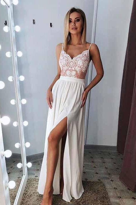 A-Line Spaghetti Ivory Lace Chiffon Long Prom Evening Dresses with Slit