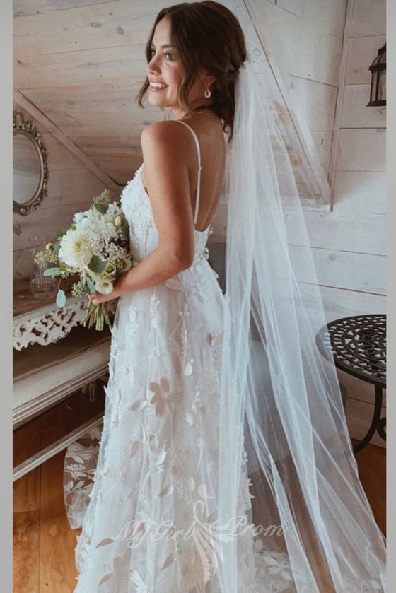 A-Line Strap Corset Boho Floral Beach Wedding Dress