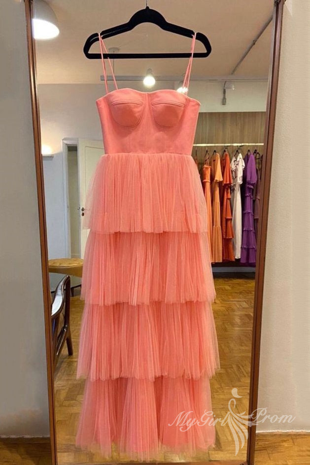 A-Line Spaghetti Strap Tiered Tulle Long Prom Dress