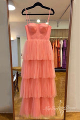 A-Line Spaghetti Strap Tiered Tulle Long Prom Dress