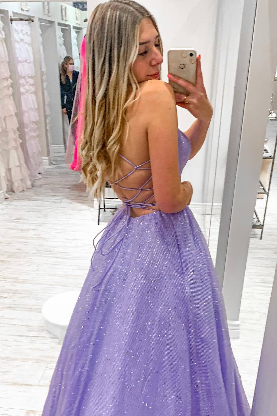 A-Line Sparkly Lavender Tulle Long Prom Dress, Backless Formal Gown