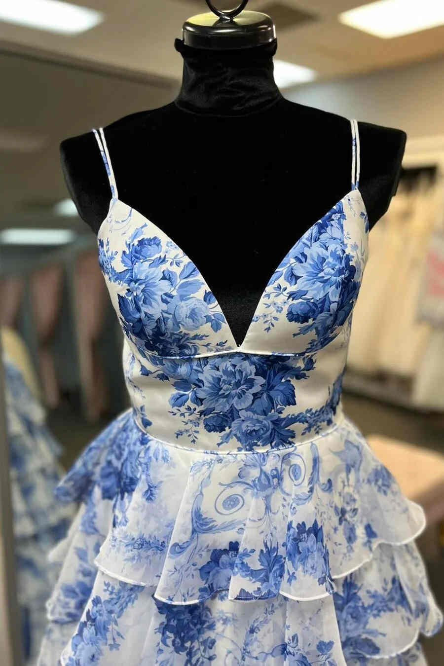 A-Line Strappy Blue Floral Print Layered Slit Prom Graduation Dress