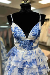 A-Line Strappy Blue Floral Print Layered Slit Prom Graduation Dress