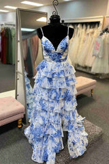A-Line Strappy Blue Floral Print Layered Slit Prom Graduation Dress