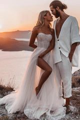 A-Line Sweetheart Tulle Bohemian Wedding Dress with Slit