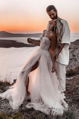 A-Line Sweetheart Tulle Bohemian Wedding Dress with Slit