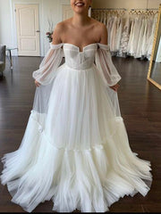 A-Line Tulle Detachable Sleeves Boho Beach Wedding Dresses, Elegant Bridal Gown