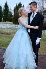 A-Line V-Neck Open Back Sky Blue Tulle Prom Dress