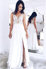 A-Line V-Neck Slit Tulle Boho Beach Bridal Wedding Dress