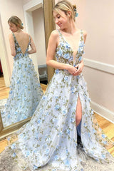 A-Line V-Neck Light Blue 3D Floral Lace Long Prom Dress with Slit