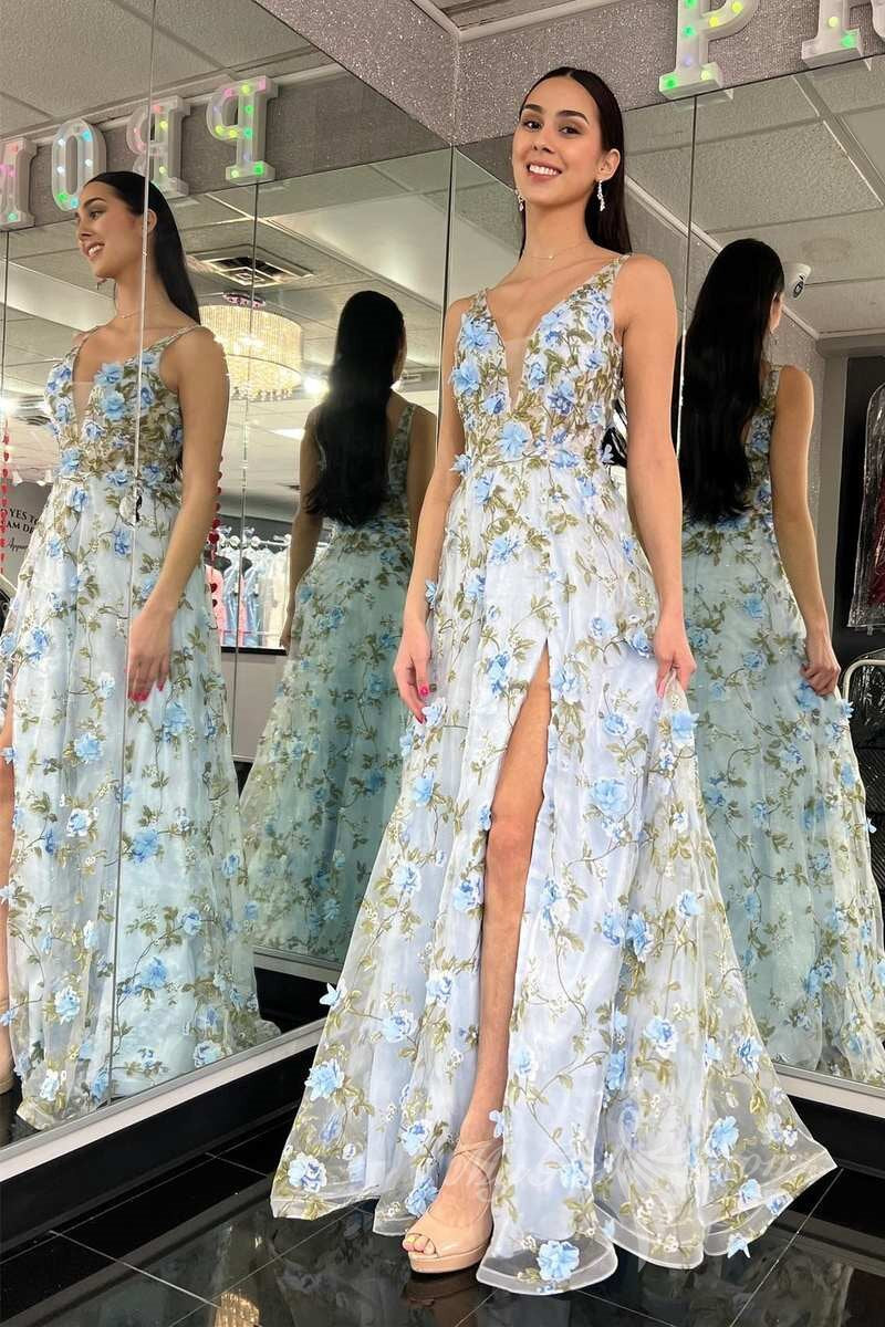 A-Line V-Neck Light Blue 3D Floral Lace Long Prom Dress with Slit