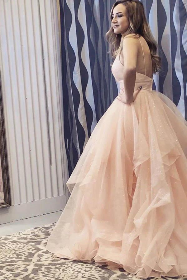 A-Line V-Neck Long Backless Prom Dresses, Tulle Sweet 16 Dress with Ruffles