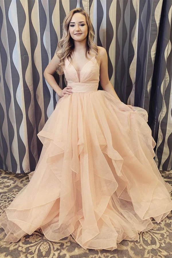 A-Line V-Neck Long Backless Prom Dresses, Tulle Sweet 16 Dress with Ruffles