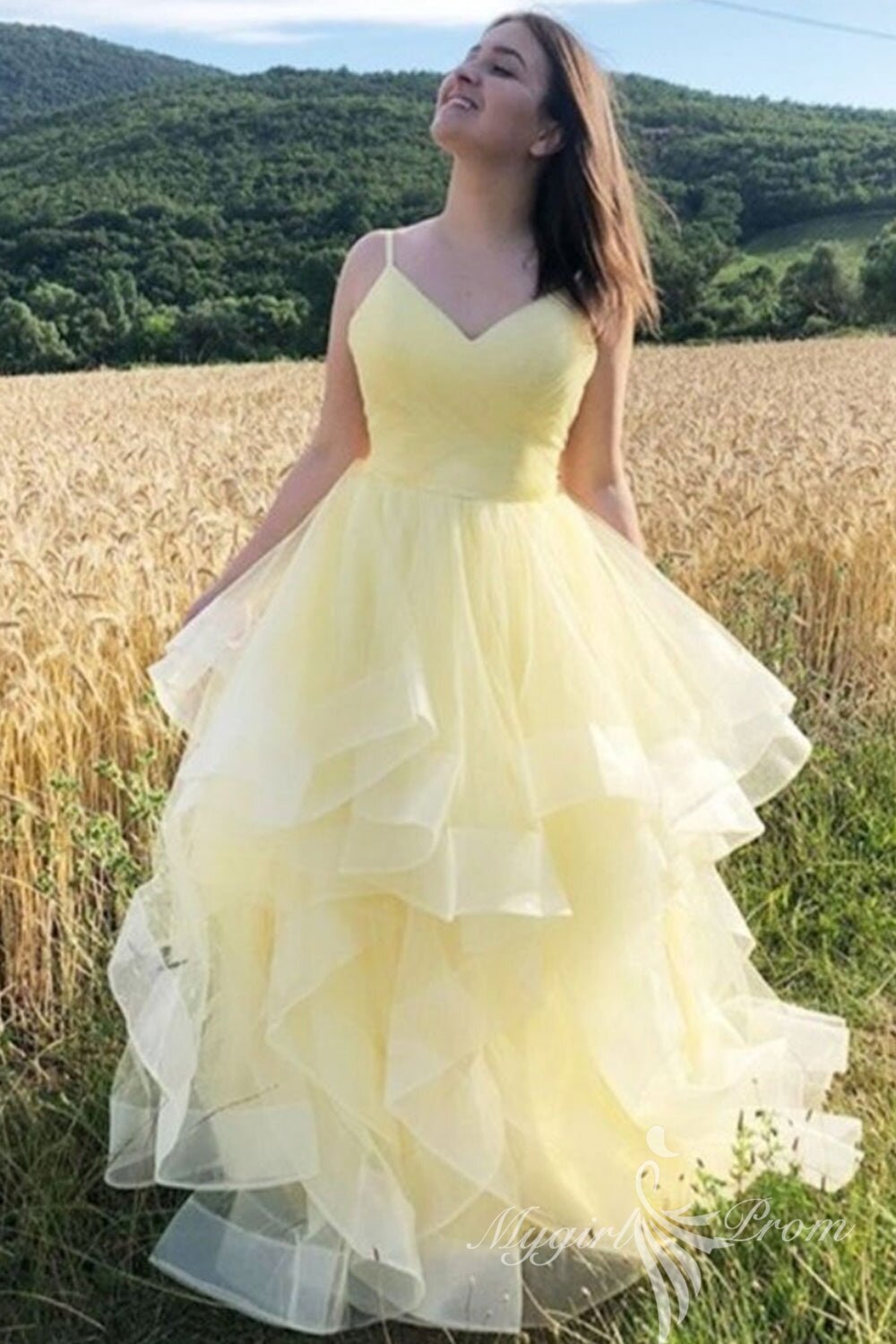 A-Line V-Neck Fluffy Yellow Long Layered Prom Dress