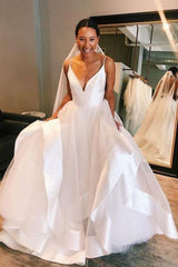 A-Line V-Neck White Tulle Backless Wedding Dress
