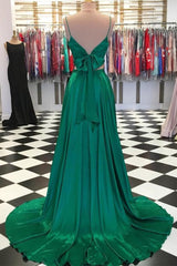 A-Line Spaghetti Straps Green Prom Dress, Two-Piece with Bowknot Back Gown