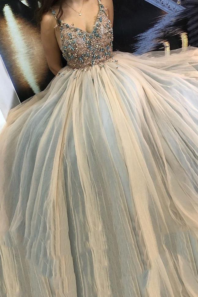 A-Line Tulle Applique Spaghetti Strap Long Prom Party Dress