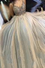 A-Line Tulle Applique Spaghetti Strap Long Prom Party Dress