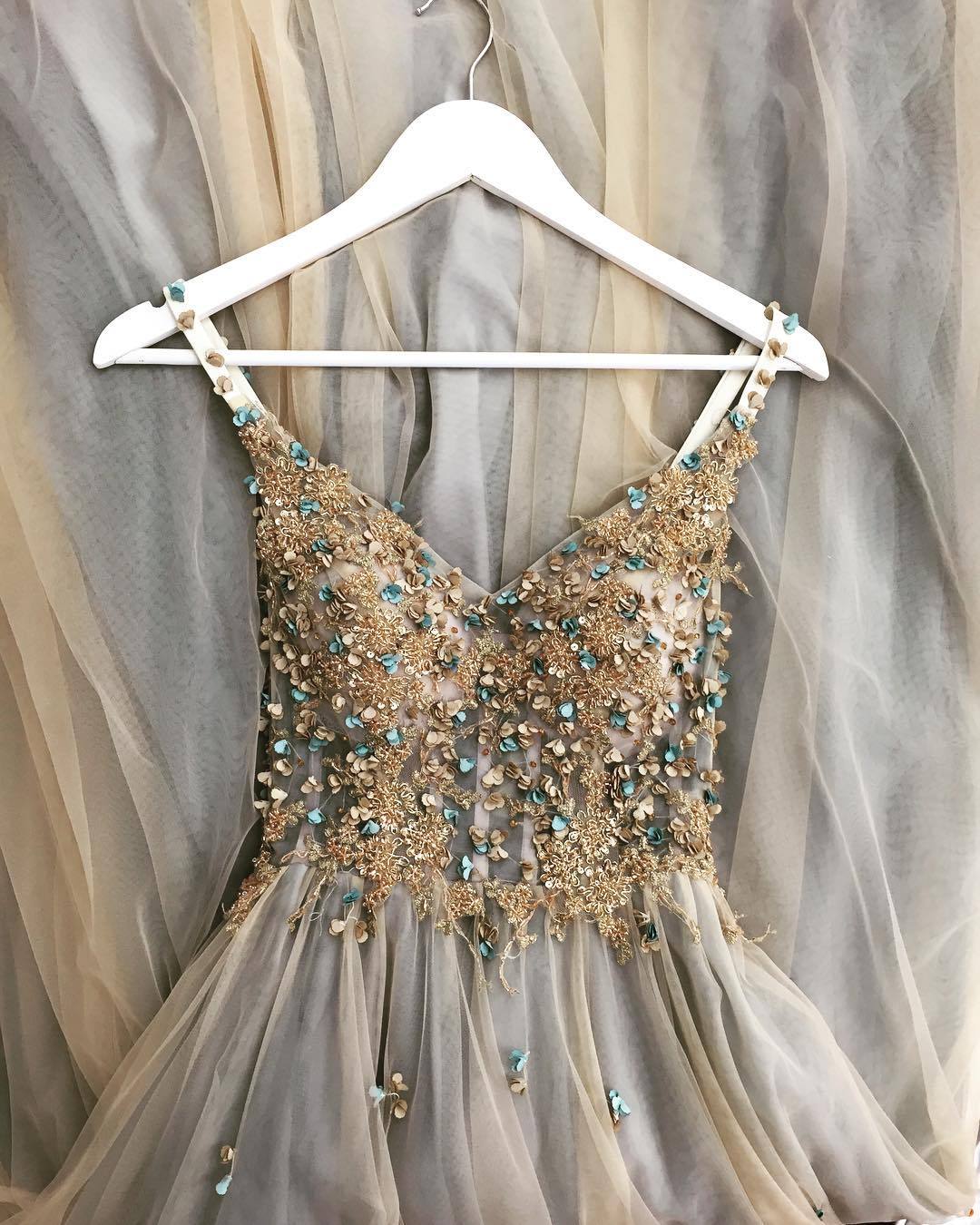 A-Line Tulle Applique Spaghetti Strap Long Prom Party Dress