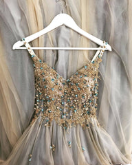 A-Line Tulle Applique Spaghetti Strap Long Prom Party Dress