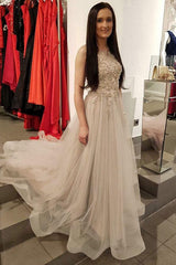 A-Line Tulle Scoop Neck Long Prom Dress with Beaded Appliques