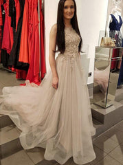 A-Line Tulle Scoop Neck Long Prom Dress with Beaded Appliques