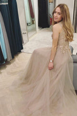 A-Line Tulle Scoop Neck Long Prom Dress with Beaded Appliques