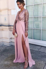 A-Line V-Neck Long Sleeves Satin Pink Long Prom Dress with Split