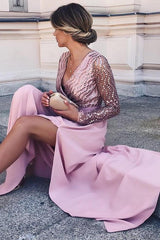 A-Line V-Neck Long Sleeves Satin Pink Long Prom Dress with Split