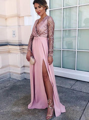 A-Line V-Neck Long Sleeves Satin Pink Long Prom Dress with Split